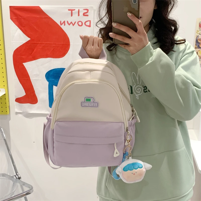 书包女ins可爱初高中生百搭撞色双肩包简约小清新休闲大容量背包