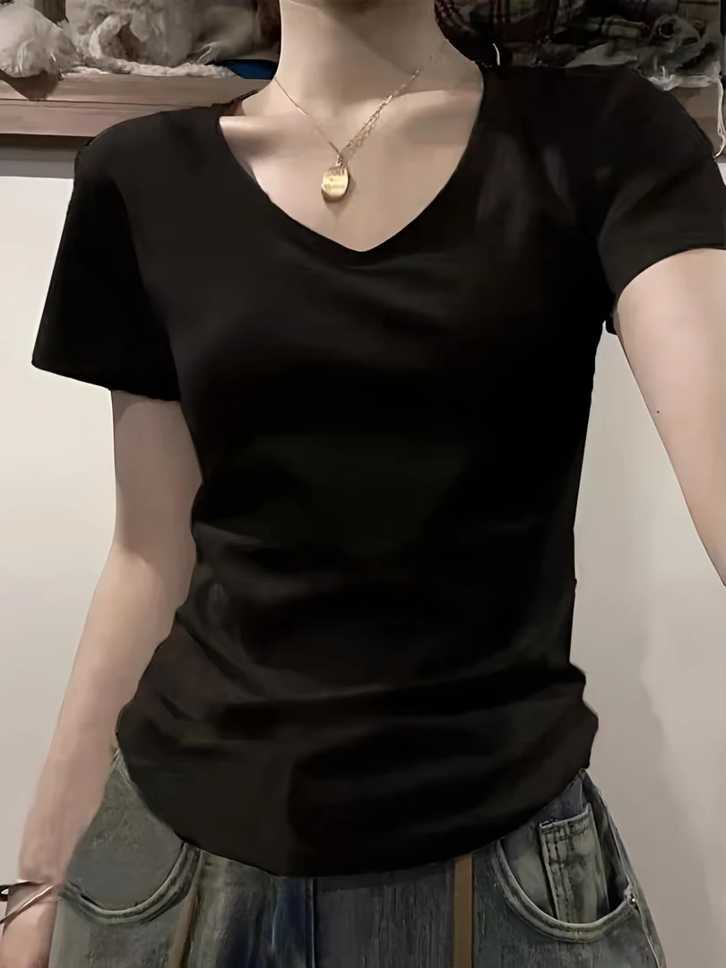 垂感显瘦低V领正肩纯欲短袖T恤女夏季纯色基础款百搭收腰辣妹上衣