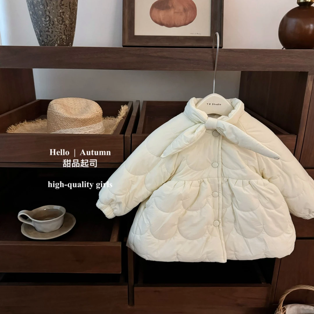 【现】【甜品起司】暖乎乎！韩系女宝娃娃领蝴蝶结中长款保暖冬季棉服