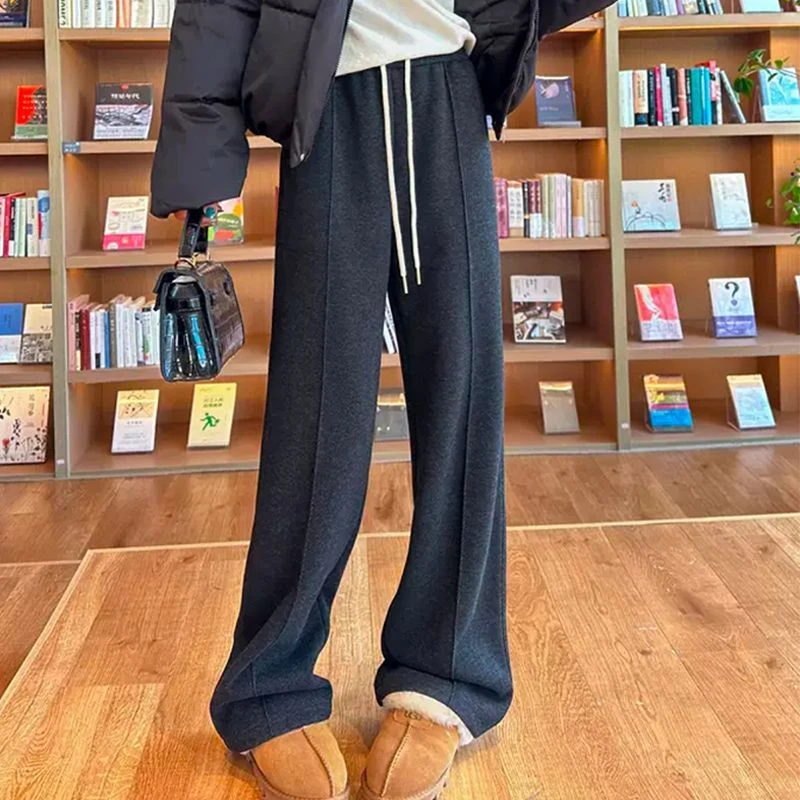 黑灰色加绒保暖窄版阔腿裤子女2025秋季新款高腰直筒人字纹毛呢裤