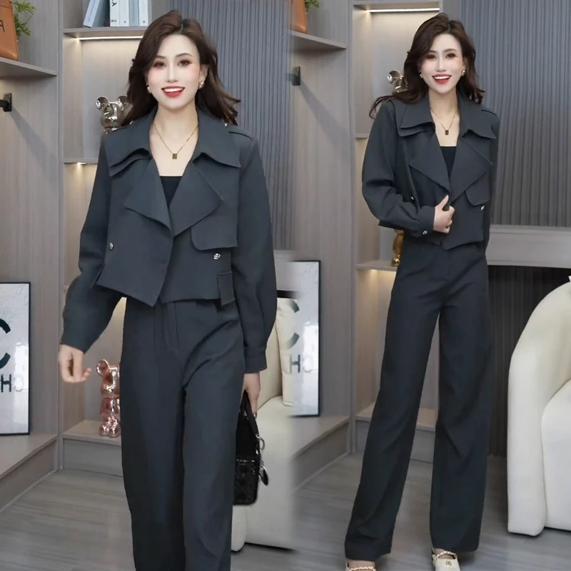 时尚套装女2025秋季新款时髦洋气风衣短外套阔腿裤气质显瘦两件套