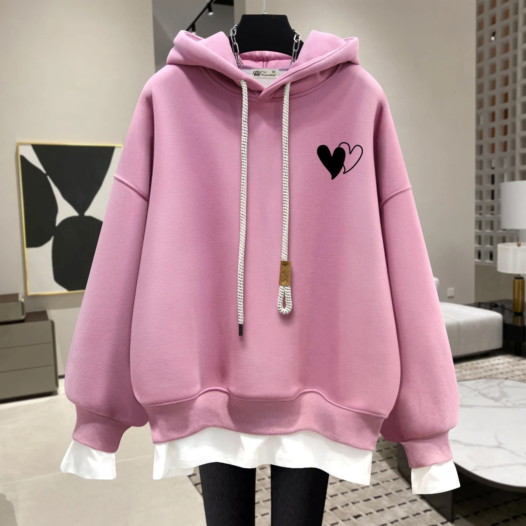 粉色连帽卫衣女加绒2025新款春秋冬薄款双爱心宽松假两件上衣外套
