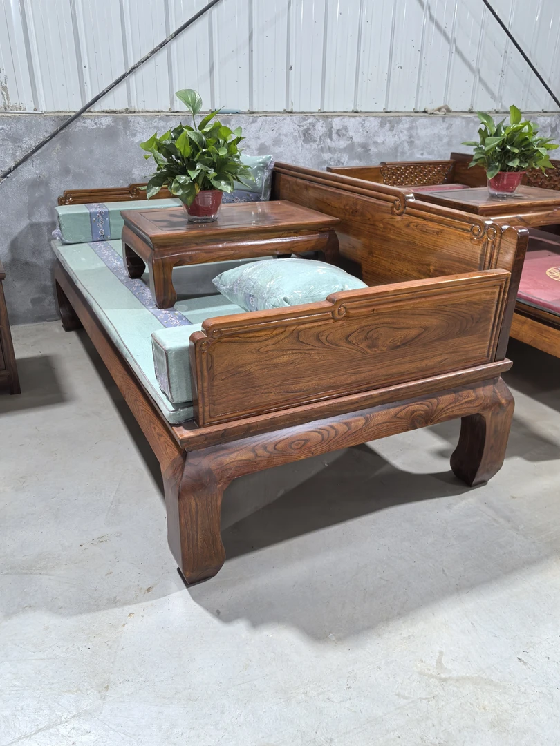 老榆木素面回纹罗汉床新中式家用客厅，全榆木，榫卯结构，实木大床