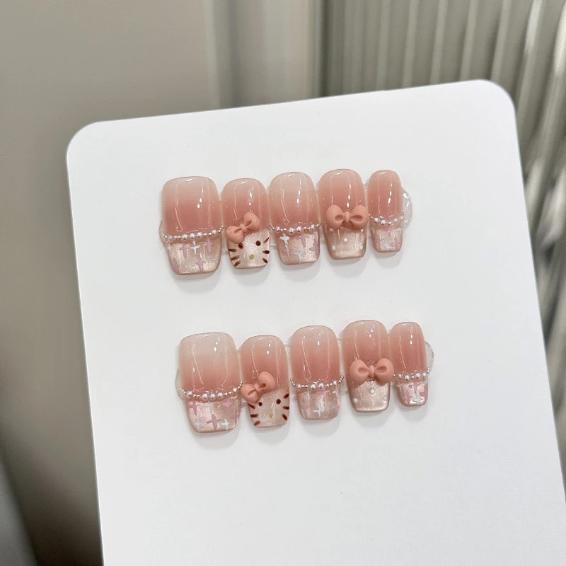 甜心小熊猫咪腮红ins法式猫眼粉色可爱甜美结短款纯手工穿戴甲