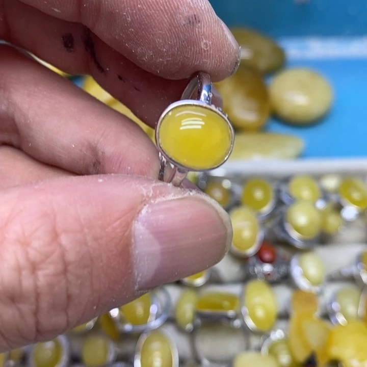 蜜蜡裸石银S925镶嵌戒指