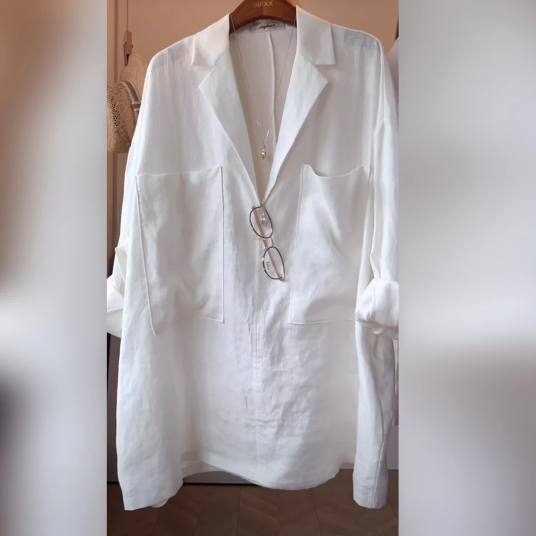 棉麻欧若风温柔外搭春秋季轻奢显瘦气质法式老钱风白色西装领衬衫