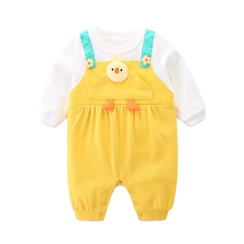 新生儿可爱黄色假两件背带裤女宝女婴儿春秋款婴儿男童爬服哈衣