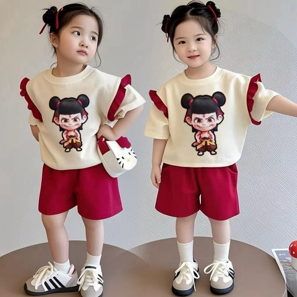女童夏季哪吒短袖套装2025新款小女孩卡通印花上衣短裤休闲两件套