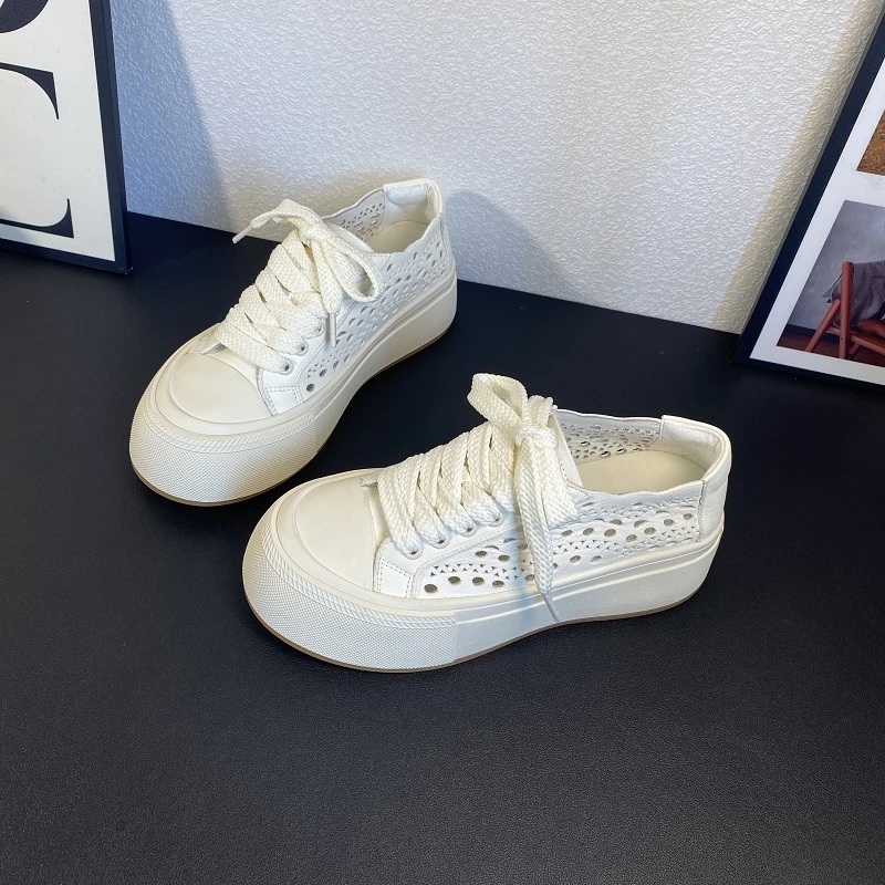 2025夏季新款欧货女鞋休闲百搭镂空透气潮鞋厚底系带薄款小白鞋女
