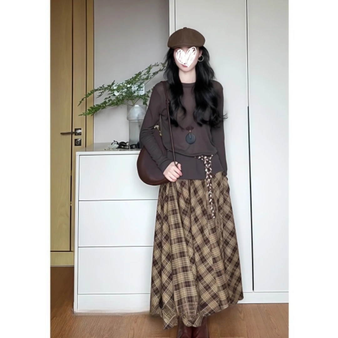 初秋法式圆领长袖T恤上衣高腰格纹不规则半身裙套装Y5098