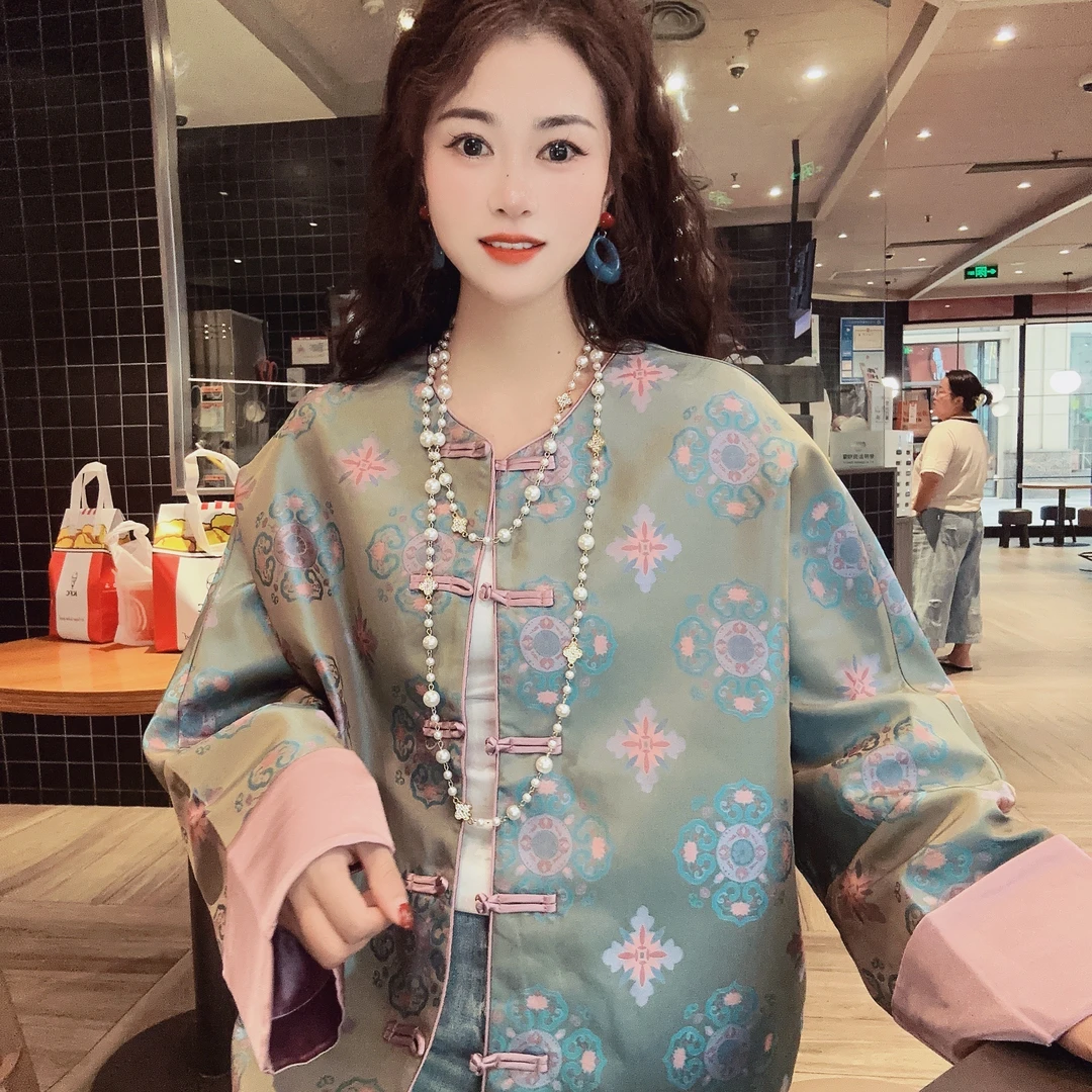 【碧影】新中式气质复古显瘦圆领手工扣提花拼接长袖常规款上衣LMZ