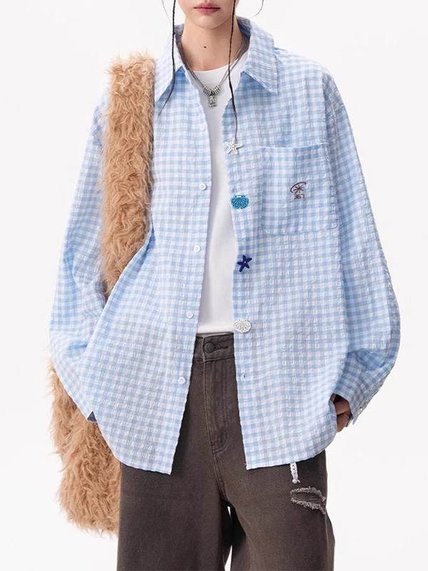 趣味纽扣泡泡纱格纹衬衫女男秋季宽松休闲百搭衬衣多巴胺情侣外套