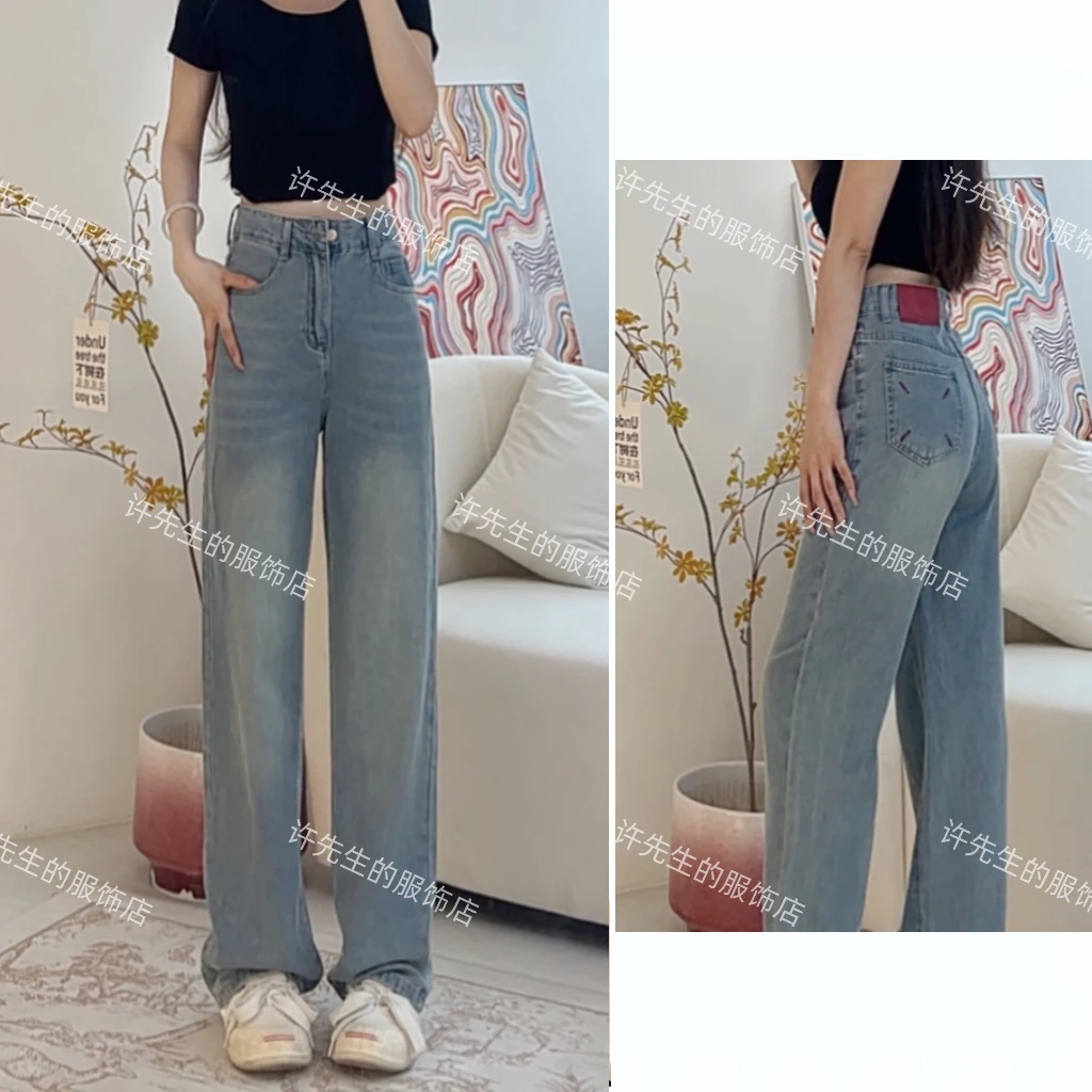 2024年秋季新款窄版高腰宽松显瘦小个子刺绣直筒裤子阔腿牛仔裤女