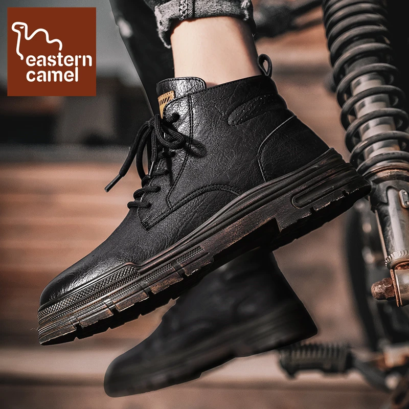 东方骆驼新款休闲高帮皮面马丁靴防水防滑潮流百搭厚底工装鞋男鞋