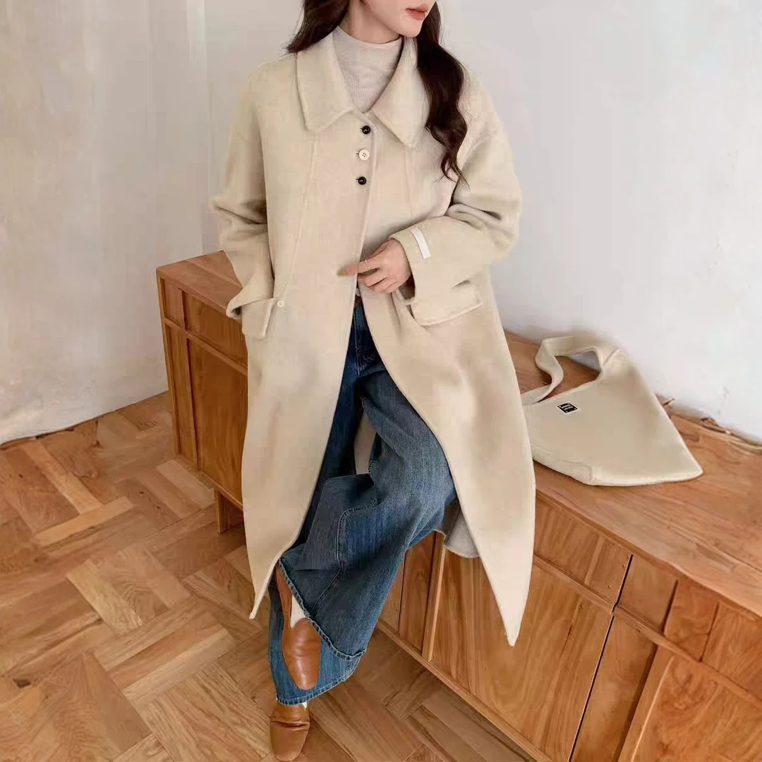 25605 冬季时尚百搭女士韩系休闲小翻领中长款双面大衣 三楼