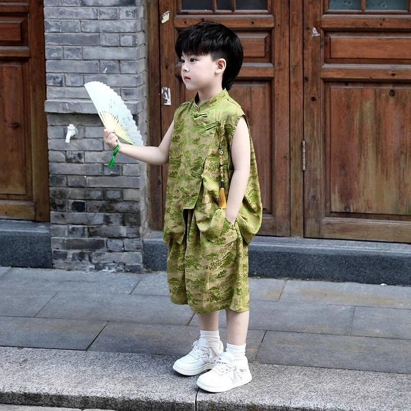 男童套装夏装汉服童装新款无袖古风唐装表演儿童夏季中国风演出服