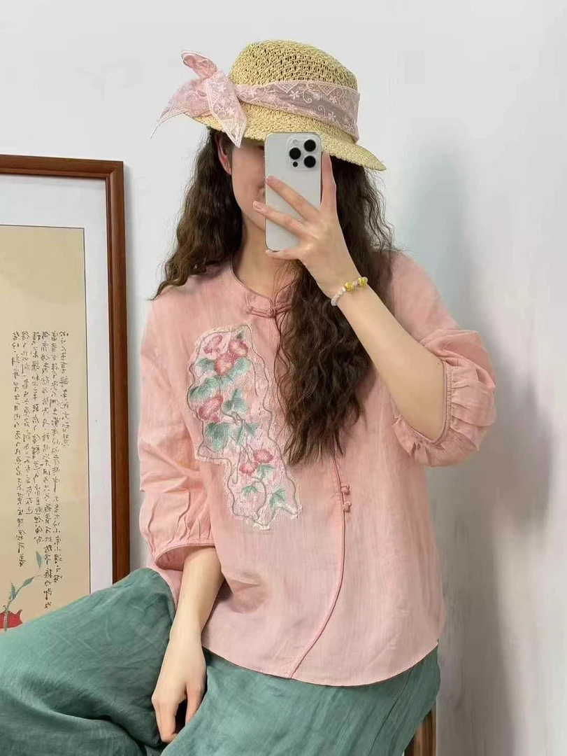 古韵夕木民族风刺绣花苎麻衬衫女春夏新款七分袖复古国风盘扣茶服