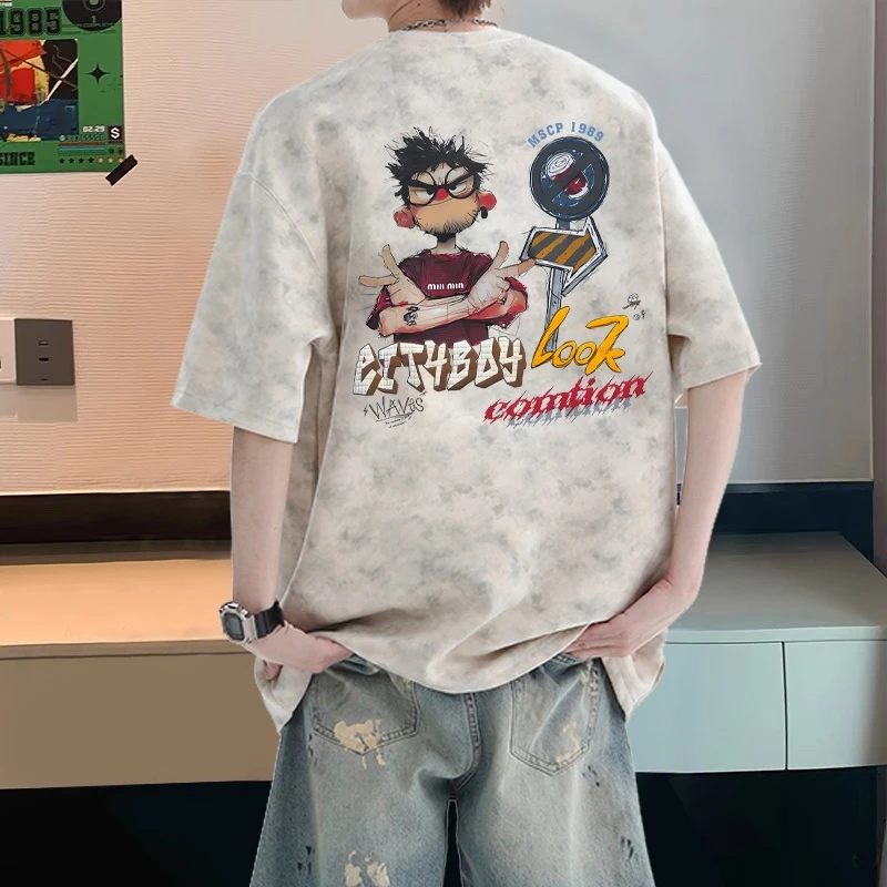 夏季潮牌纯棉扎染短袖t恤男生宽松上衣ins美式休闲百搭半袖青少年