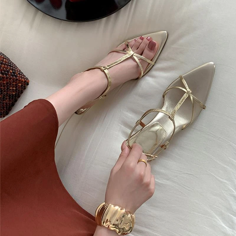 羊皮版！金色凉鞋女款2025新款外穿尖头坡跟细带气质高级感罗马鞋
