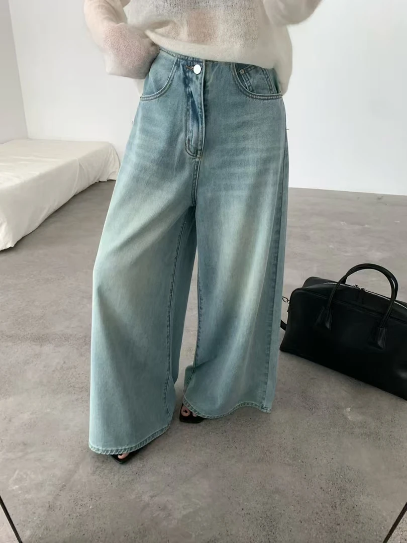IU（3056#新）小众牛仔显瘦宽松阔腿裤（裤长99腰围64）