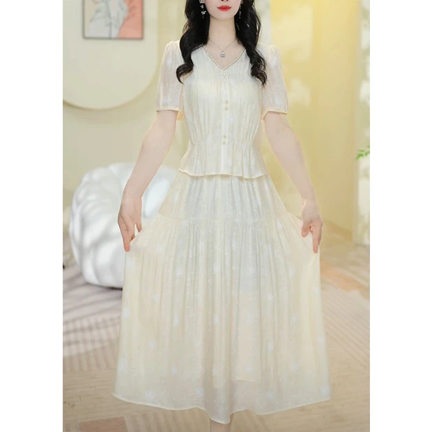 L5363高级时尚气质短袖连衣裙2025新款法式温柔夏季收腰显瘦裙子