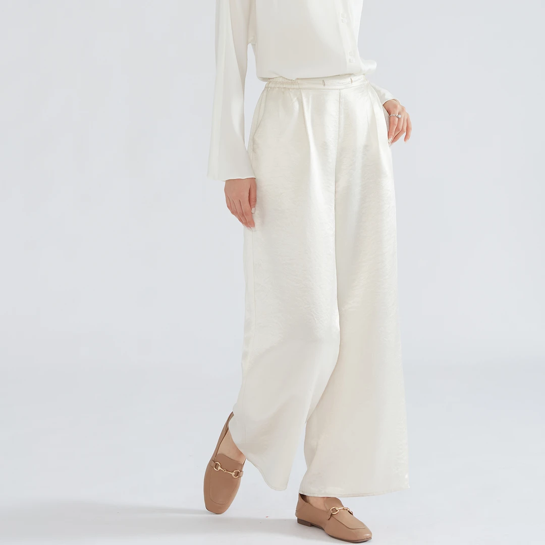 醋酸缎面阔腿裤女光泽感半松紧显瘦直筒裤高腰休闲裤长裤CKD209