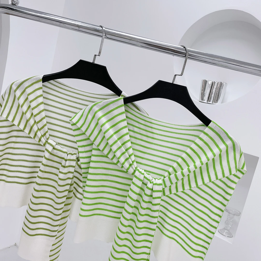 薄款时尚条纹外搭T恤交叉打结针织小披肩女夏季空调房搭肩坎肩潮