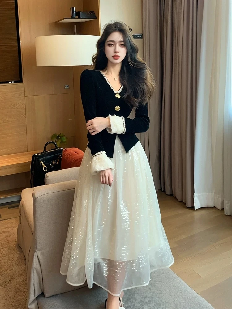 【有里布】2025新款大裙摆拼接时尚收腰高档时尚连衣裙D0310