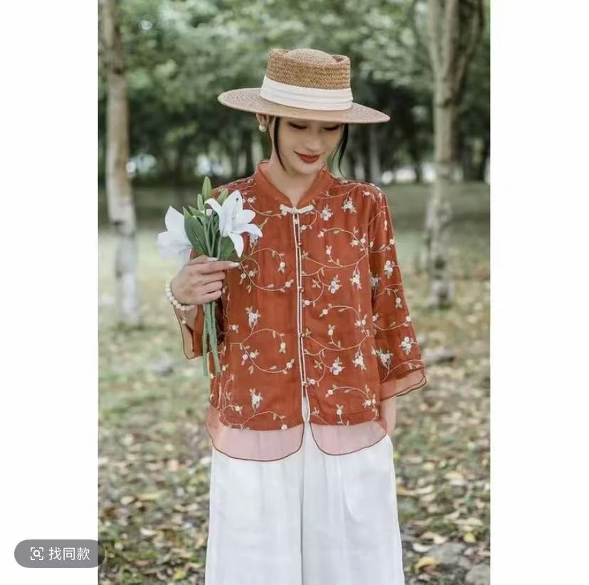 设计师款纯苎麻手工盘扣刺绣百搭时尚宽松苎麻女装