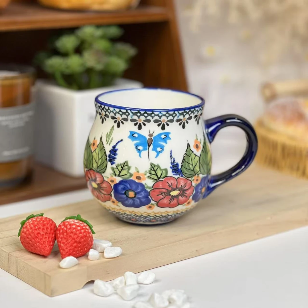 Sazaki花蝴蝶 大肚杯子早餐杯家用大号水杯波兰彩陶瓷手绘釉下彩