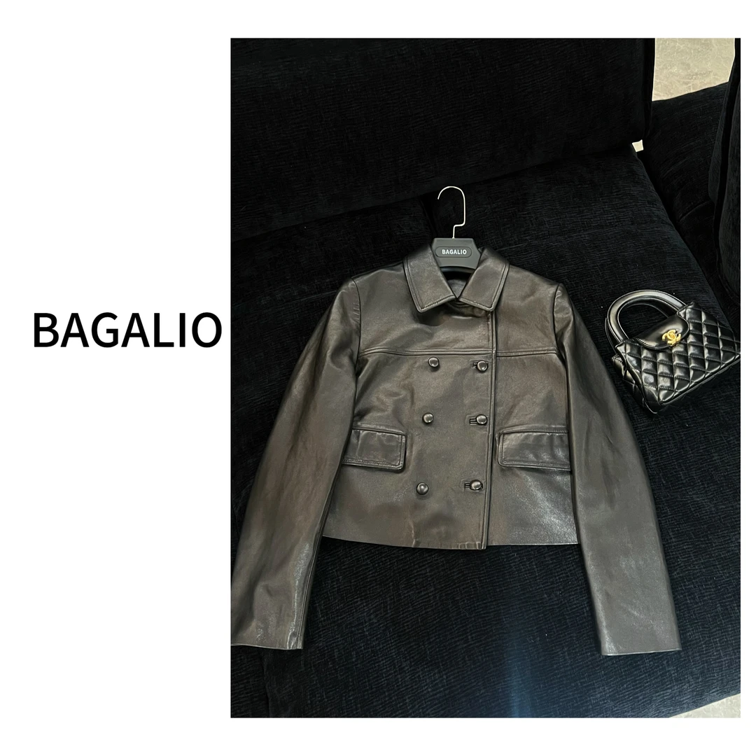 【BAGALIO】绵羊皮 黑色双排扣翻领皮衣 508
