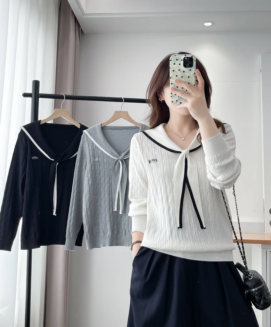 法歌澜大码微胖早秋新款女装学院风海军领长袖针织衫宽松显瘦上衣