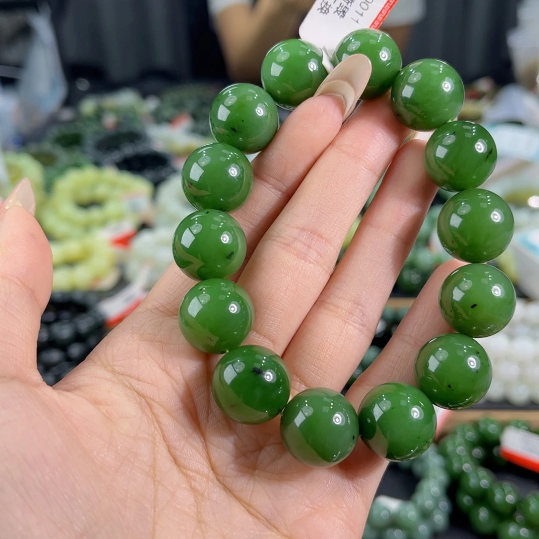 好***连未镶嵌手链和田玉纯天然和田玉16mm俄料碧玉阳绿圆珠