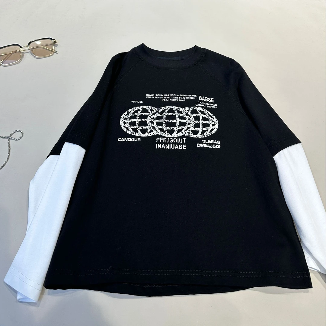 儿童春装新款假两件T恤男童中大童帅气长袖t 25097