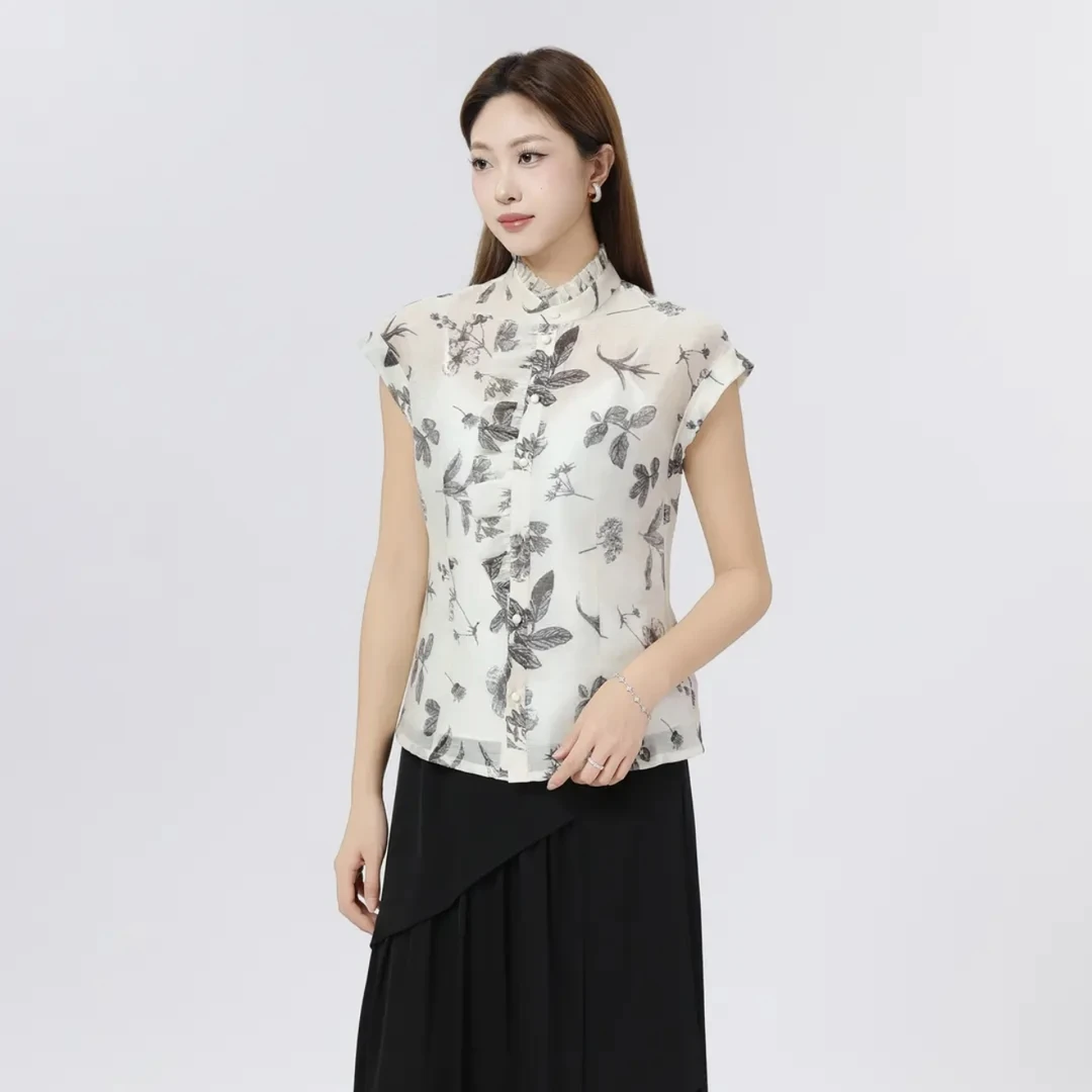 GIRDEAR/哥弟新款时尚休闲百搭女士夏季中式印花短袖雪纺衫130023