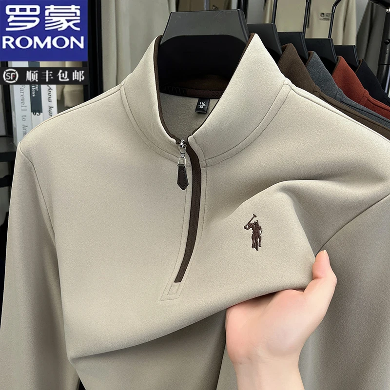 罗蒙立领半拉链卫衣男士春秋季新款商务休闲纯色打底衫刺绣T恤衫