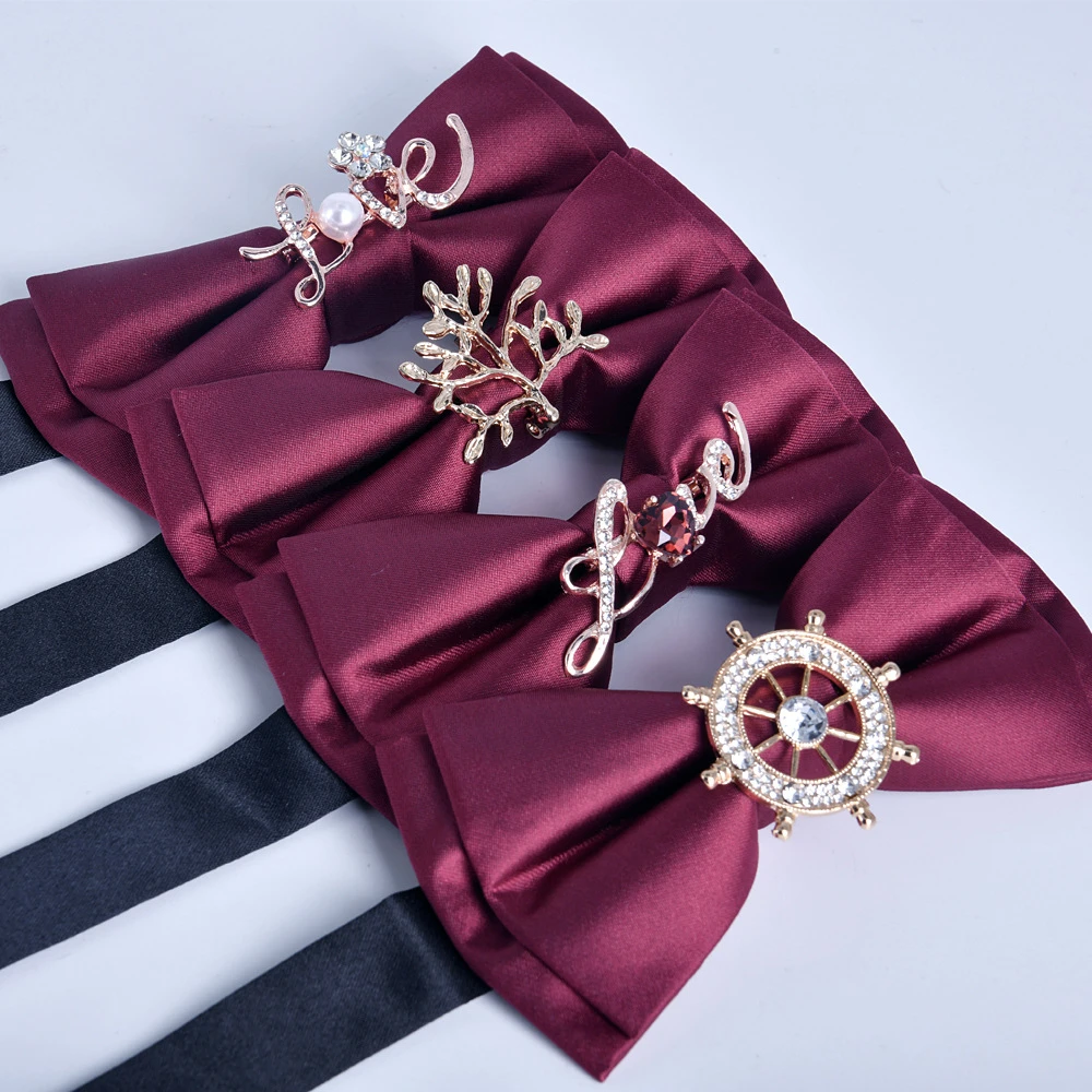 领结男士正装商务酒红色纯色素色带钻双层平头新郎结婚喜庆新款