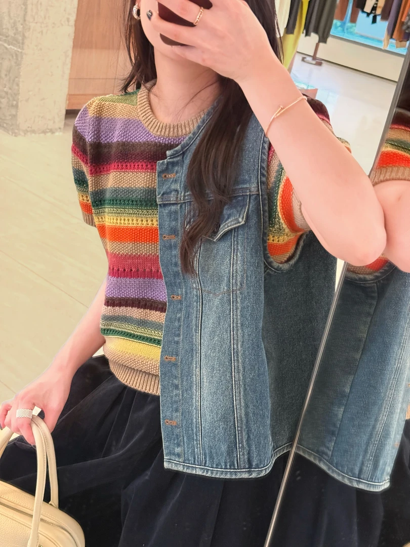 彩虹条纹针织短袖上衣J25DX049