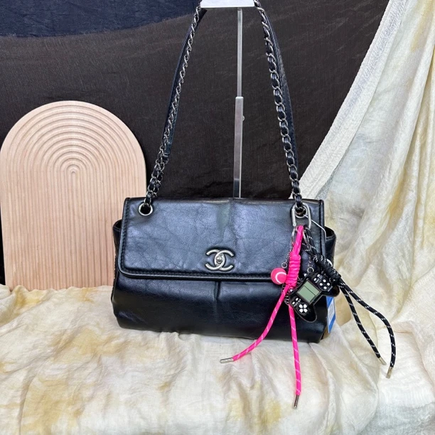 95新 Chanel/香奈儿 黑银链条机场单肩斜挎包