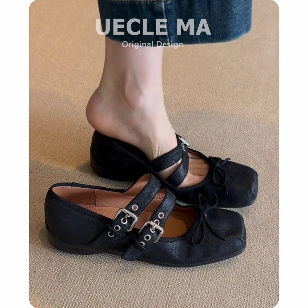 牛皮款~正品复古玛丽珍女鞋子方头单鞋女平底蝴蝶结猪鼻子芭蕾鞋