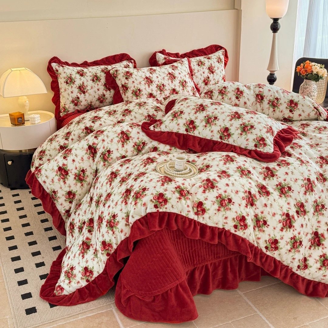 特！新款高克重花边牛奶绒夹棉床盖四件套防寒保暖防静电