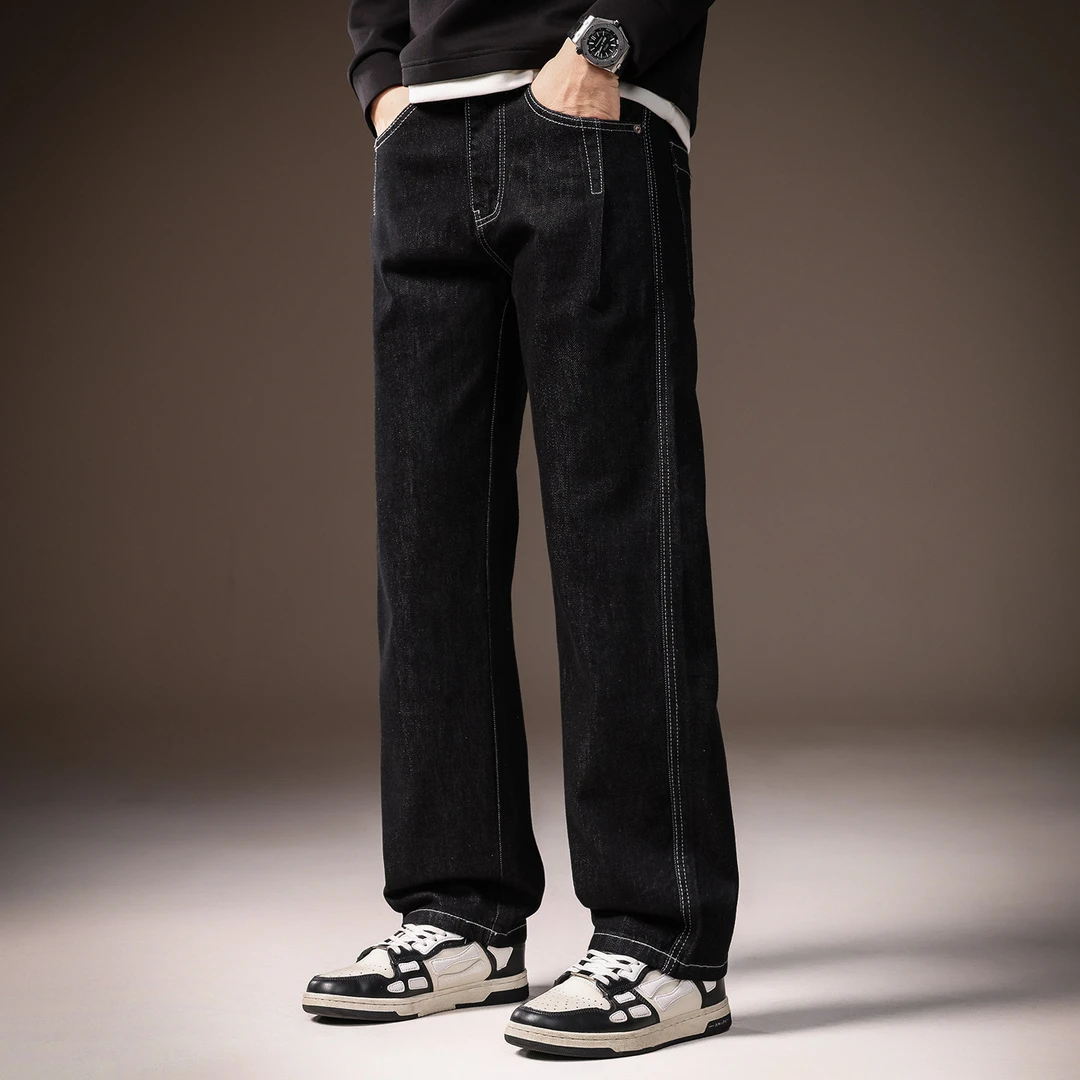 高端美式复古水洗牛仔裤男士2025冬季加绒宽松直筒保暖休闲裤子男