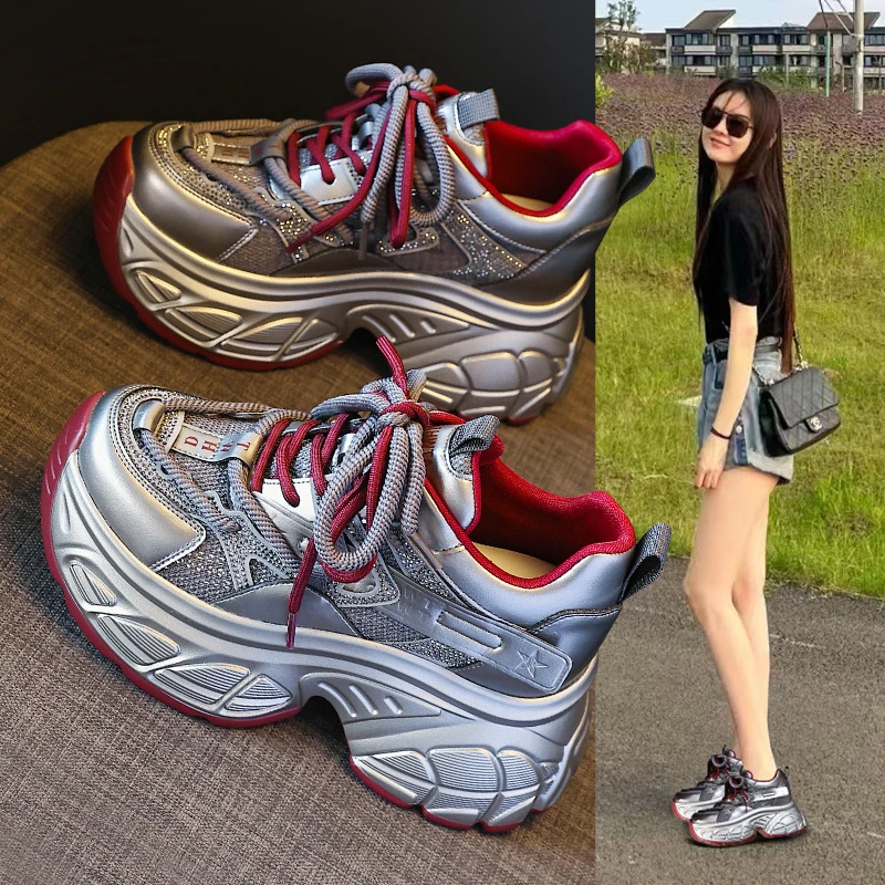 【增高8公分】2025年春季新款厚底网红爆款水钻老爹鞋女运动休闲鞋