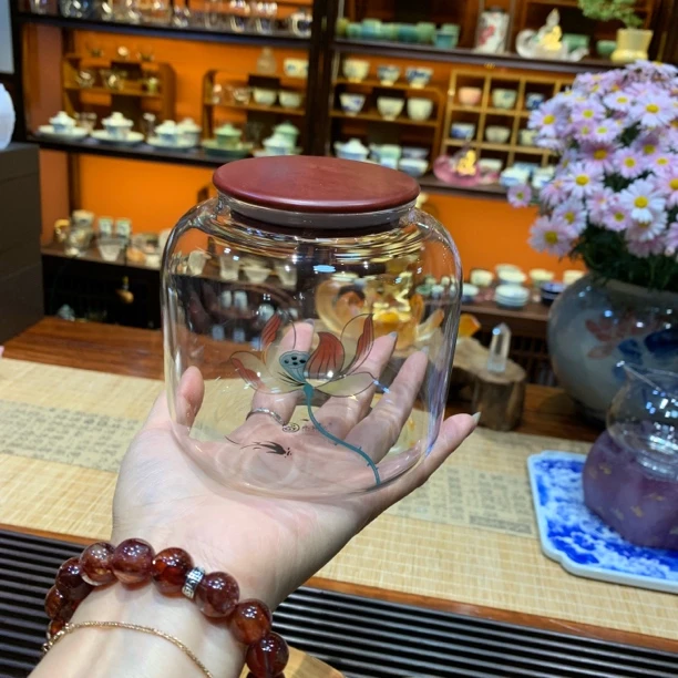 荷花茶罐密封透明家用日式带盖