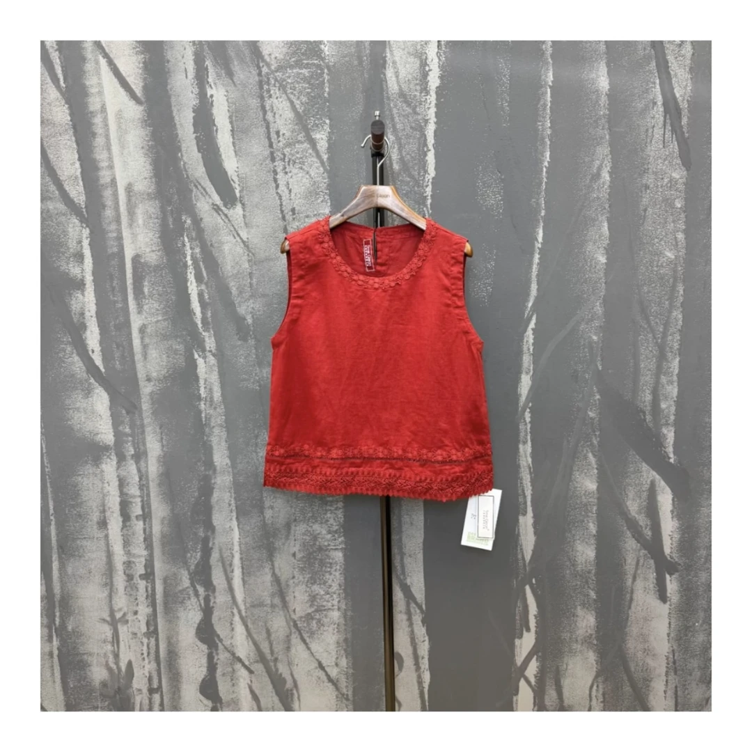 无袖重工钩花复古设计款单衫（衣长60cm)（682555）原创设计女装