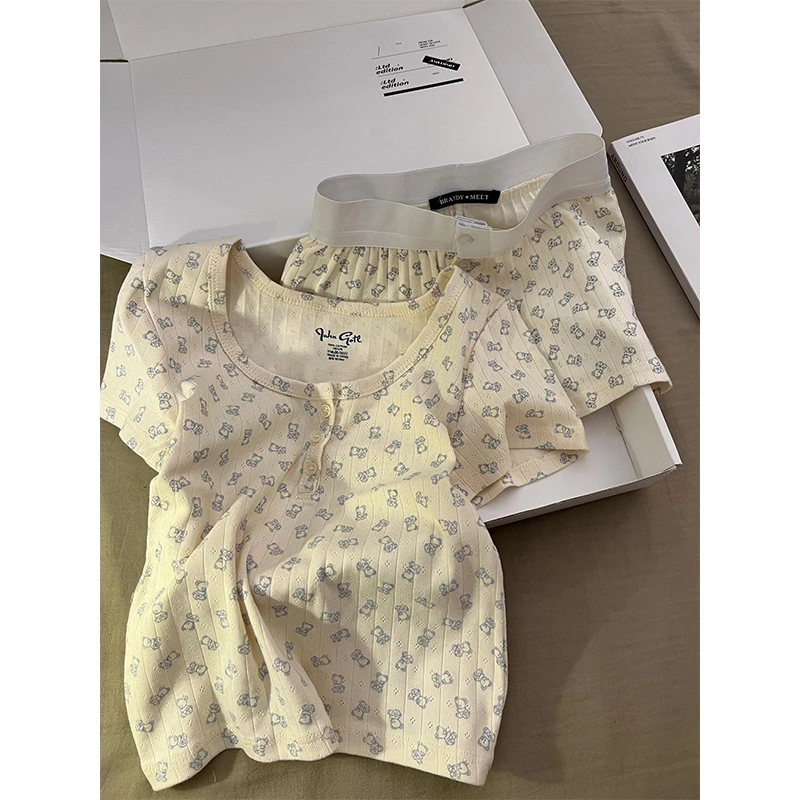 【小熊印花】韩系甜美清纯睡衣女夏季新款短袖短裤家居服套装可外穿