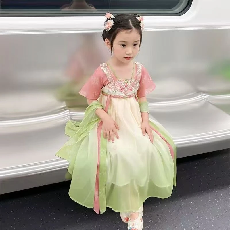 女童汉服夏季2025新款儿童古风超仙连衣裙小女孩国风短袖公主裙