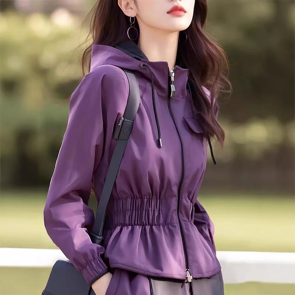 春季欧货独特超好看的高级感小香风户外休闲紫色冲锋衣连帽外套女