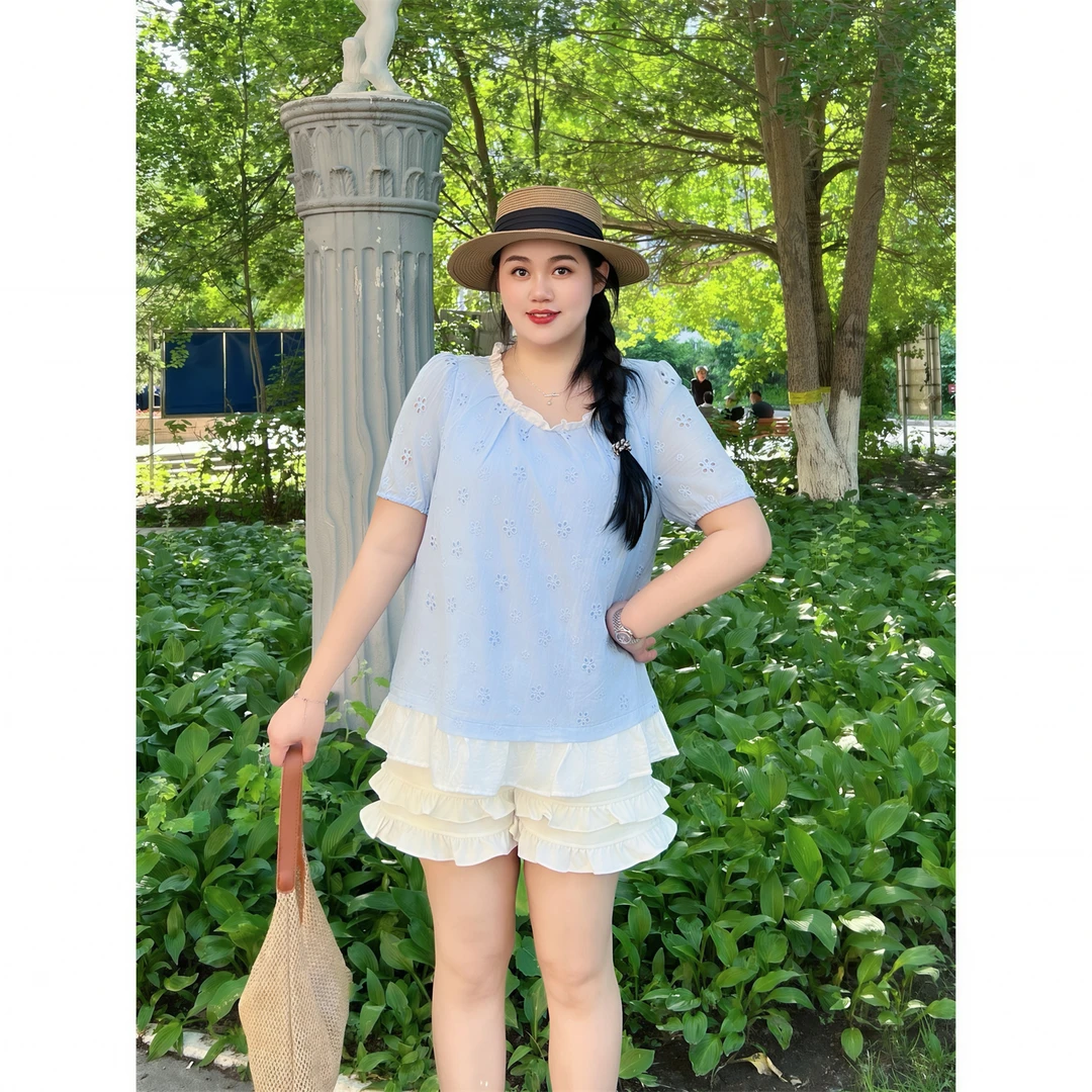 断码捡漏F娇娇韩女/宽松别致法式洋气镂空小衫14951花契大码200斤