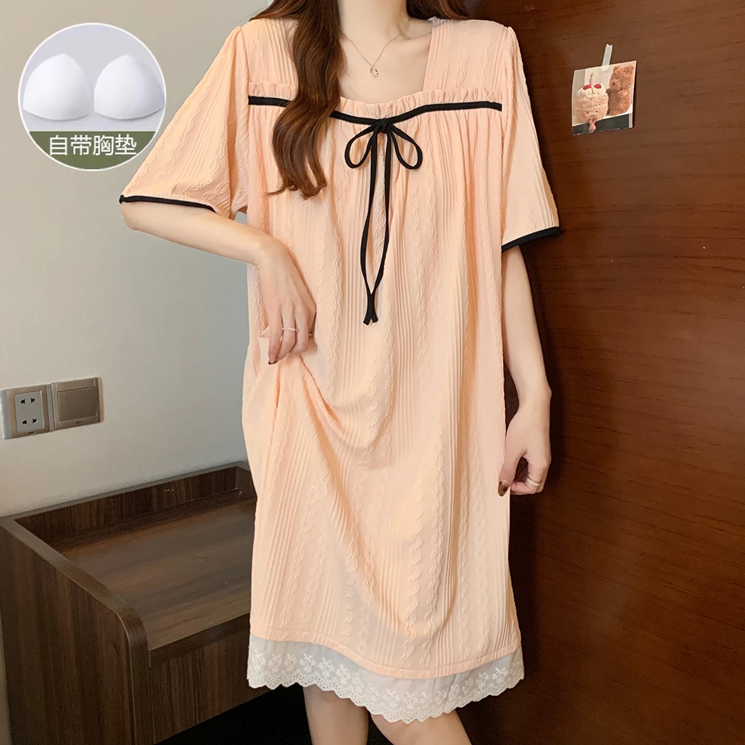 短袖睡裙带胸垫夏季韩版宽松女士睡裙公主风甜美可外穿家居服
